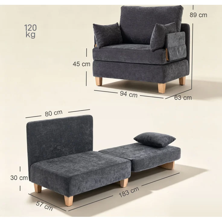 HOMCOM Schlafsessel, Polyester, Dunkelgrau, 94L x 63B x 89H cm – Bild 3
