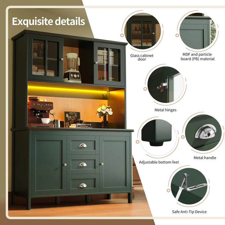 TavilaEcon Küchenbuffet Küchenschränke mit Glastüren und LED-Beleuchtung grün 179 × 40 × 120 cm (H × T × B) – Bild 3