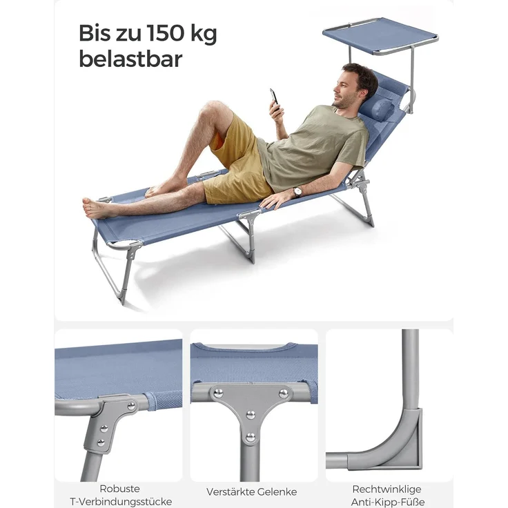 SONGMICS Sonnenliege, klappbarer Liegestuhl, 193 x 53 x 29 cm, max. Belastbarkeit 150 kg, mit Sonnenschutz, Kopfstütze und Verstellbarer Rückenlehne, für Garten, Pool, Terrasse, blau GCB192Q01 – Bild 7