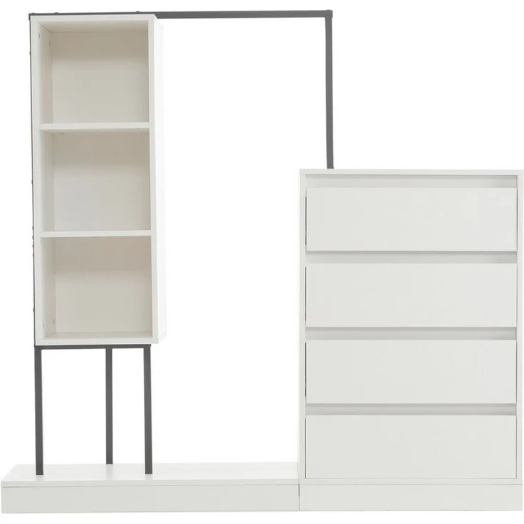 Flieks Garderoben-Set Kleiderschrank mit 3 offener Fächern, Kommode mit 4 Schubladen, (1-St, B140/W40/H135 cm), Schubladenschrank Kleiderstange-Set mit Stauraum Flurmöbel Weiß – Bild 2