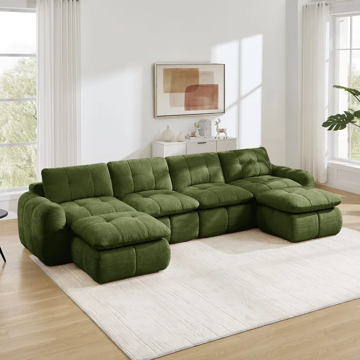Wohnora-4-sitziges U-Modulsofa rahmenlos, Karostepp-Design, hautfreundlicher Chenille-Bezug, breite tiefe Sitze, frei kombinierbar, montagefrei mit 2 Ottomanen für Wohnzimmer & Apartments,Grün,H 68cm x T 334cm x B 160cm