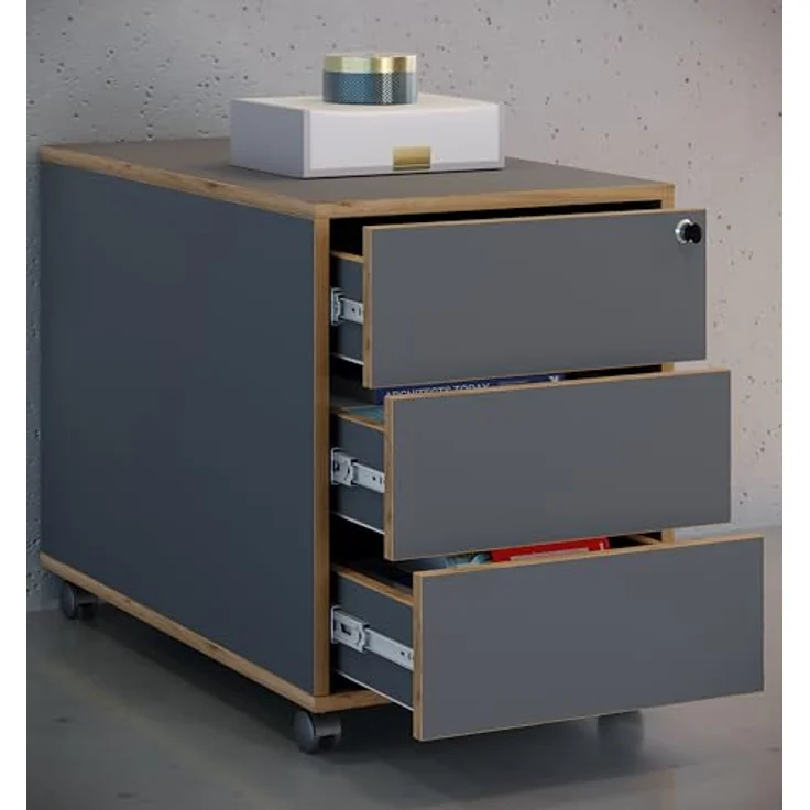 MID.YOU Rollcontainer, Anthrazit/Honigeiche, Holzwerkstoff mit 3 Schubladen, 42x50x70 cm, griffloses Öffnen – Bild 2