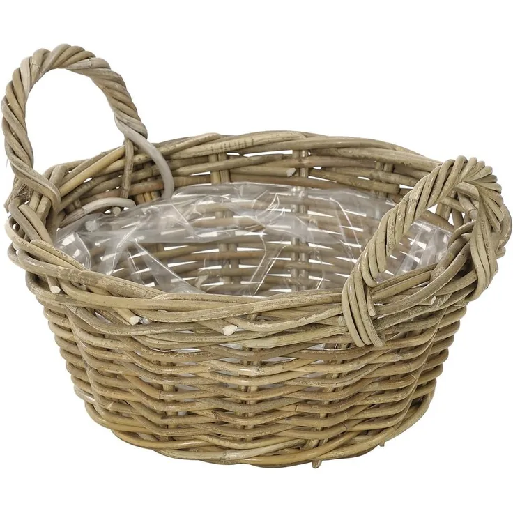 Dehner Rattan Pflanzschale mit Henkel, Ø 26 cm, Höhe 12 cm, Rattangeflecht, grau/braun