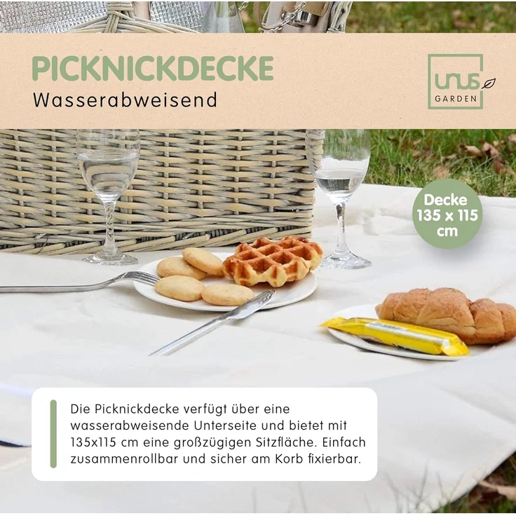 UNUS GARDEN Picknickkorb Komplettset für 2 Personen (1 St, 28/40x32x48 cm (HxBxL), inklusive Picknickdecke und inklusive Besteck, Geschirr, uvm. – Bild 5