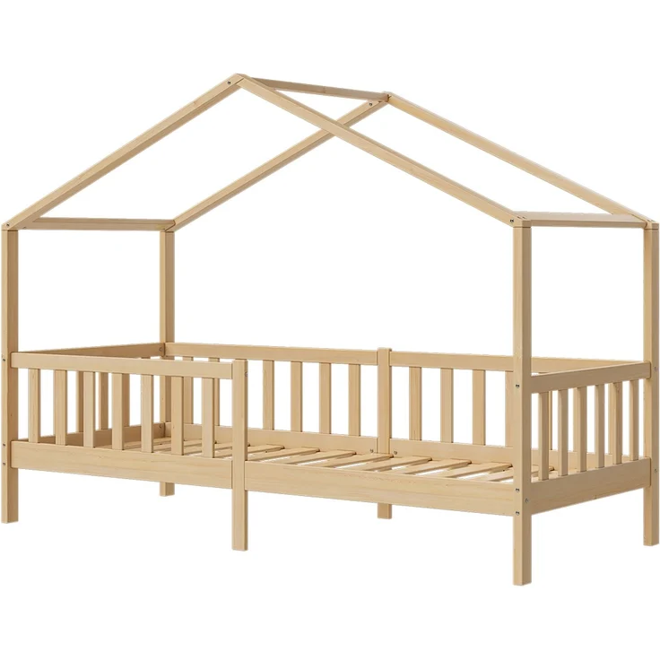 Bellabino 'Bia' Hausbett 90x200 cm mit Matratze, natur, Kiefer Massivholz, Montessori Kinderbett mit Rausfallschutz und Lattenrost – Bild 2
