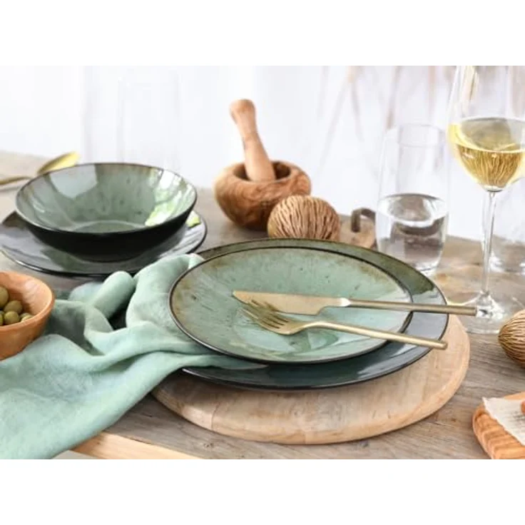 Creatable Tafelservice Jawa, 12-teiliges Geschirrset aus Keramik in Grün und Schwarz, lebensmittelecht und stapelbar, abstraktes Design – Bild 4