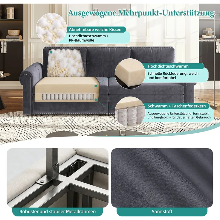 Schlafsofa 238x90x98 cm, 3-in-1 ausziehbar mit Samtbezug und verstellbaren Rückenkissen, Ohne Matratze – Bild 7