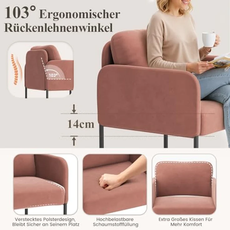 COLAMY Gepolsterter Ohrensessel aus Samt – Moderner Lounge-Sessel mit weicher Rückenlehne, Komfortabler Sessel für Wohnzimmer, Schlafzimmer, Apartment & Leseecke,Rosa – Bild 5