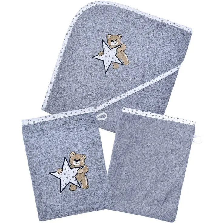 Wörner Handtuch Set Teddy/Stern Kapuzenbadetuch mit 2 Waschhandschuhen, Frottier (Spar-Set, 3-St), mit süßer Teddystickerei