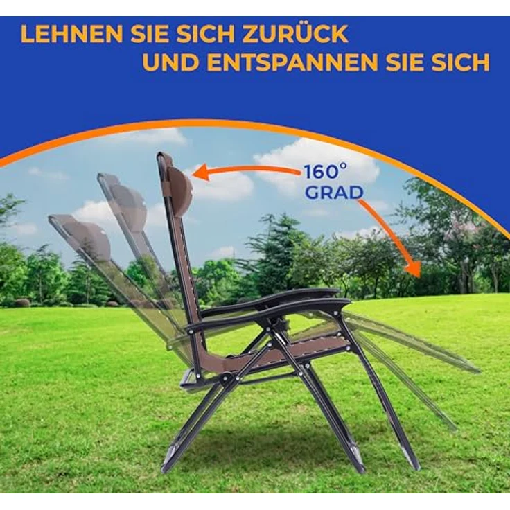 SereneLife Liegestuhl Klappbar, Strandliege 2 Stück Braun als Gartenmöbel zum Relaxen, Outdoor Möbel mit Seitentisch, Kopfkissen & Getränkehalter Wetterfest, Verstellbarer Deckchair, Gartenbett – Bild 5
