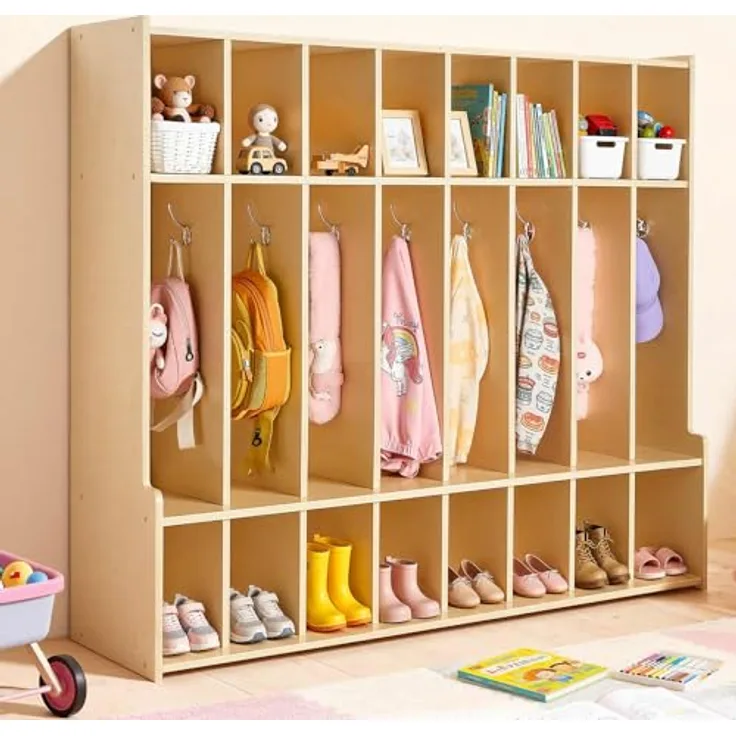 VEVOR Offener Kinderkleiderschrank, Kindergarderobe mit 16 Haken & 24 Fächern (8 Groß + 16 Klein), langlebig und kindersicher für Kindergarten und Zuhause