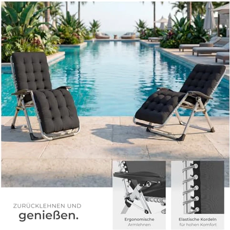 tectake® Sonnenliege klappbar, Liegestuhl, Gartenliege stufenlos verstellbar, Outdoor Sessel für Balkon oder Garten, Liege mit extra Dicker Auflage, Relaxliege belastbar bis 200kg (Schwarz) – Bild 7