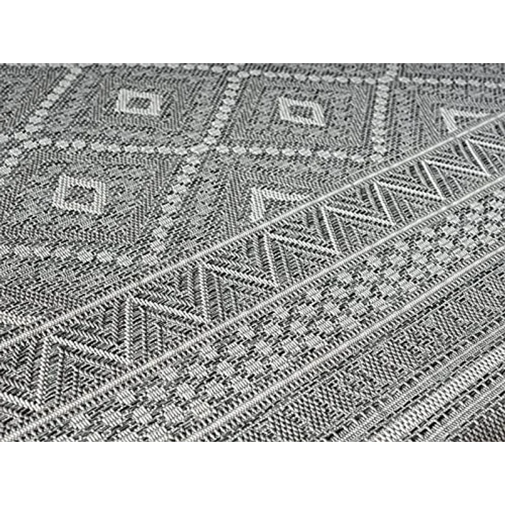 the carpet Calgary - robuster Teppich, Flachgewebe, modernes Design, ideal für Küche und Esszimmer, Vintage-Optik, Boho-Style, besonders flach, auch für den Außenbereich, Grau-Raute, 120 cm Rund – Bild 6