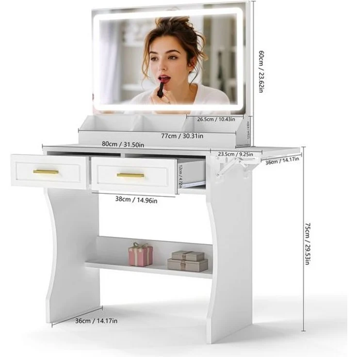 oyajia Schminktisch mit Spiegel und LED Mit 2 Schubladen und 3 Ablagefächern, mit Spiegel, Beleuchtung, 3 Lichtfarben,einstellbare Helligkeit – Bild 4