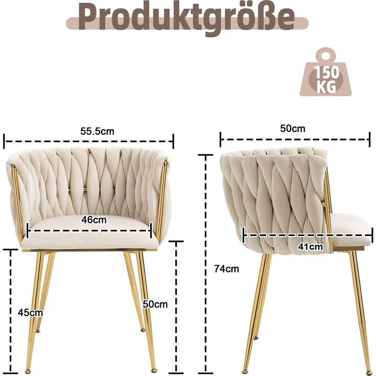 Elegantes 2er-Set Samt-Esszimmerstühle mit goldenen Metallbeinen und handgewebtem Design in Ivory – Bild 10