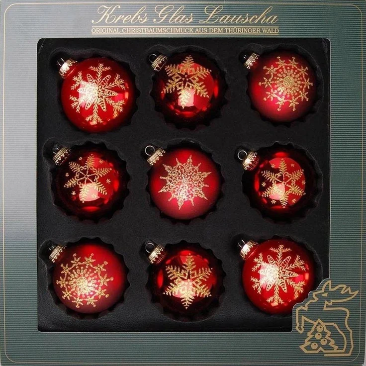 Krebs Glas Lauscha Weihnachtsbaumkugel Schneeflocke, Weihnachtsdeko rot, Christbaumschmuck (9 St), hochwertige Christbaumkugeln aus Glas, mundgeblasen, rot – Bild 3