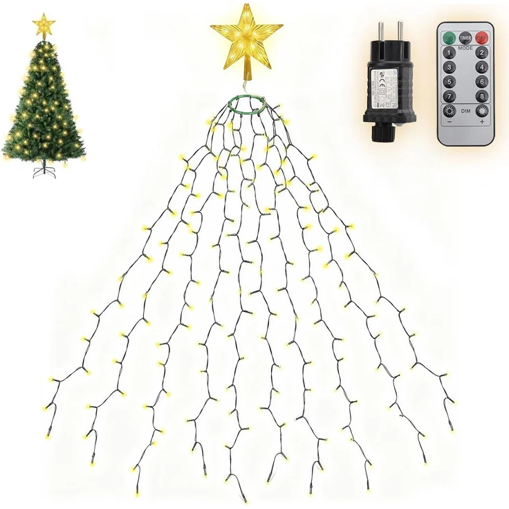 SALCAR 1,5m Weihnachtsbaum Lichterkette mit Ring, 10 Girlanden und Weihnachtsbaumspitze Stern – Bild 1