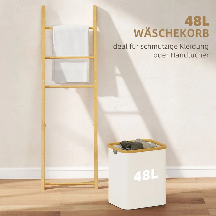 Badregal, 2-in-1 Badezimmerregal mit 3 Stangen, abnehmbarer 48L-Wäschekorb, Bambus, 43 x 35 x 133 cm, Cremeweiß--Cremeweiß--133x35x43cm--YOUDENOVA – Bild 7