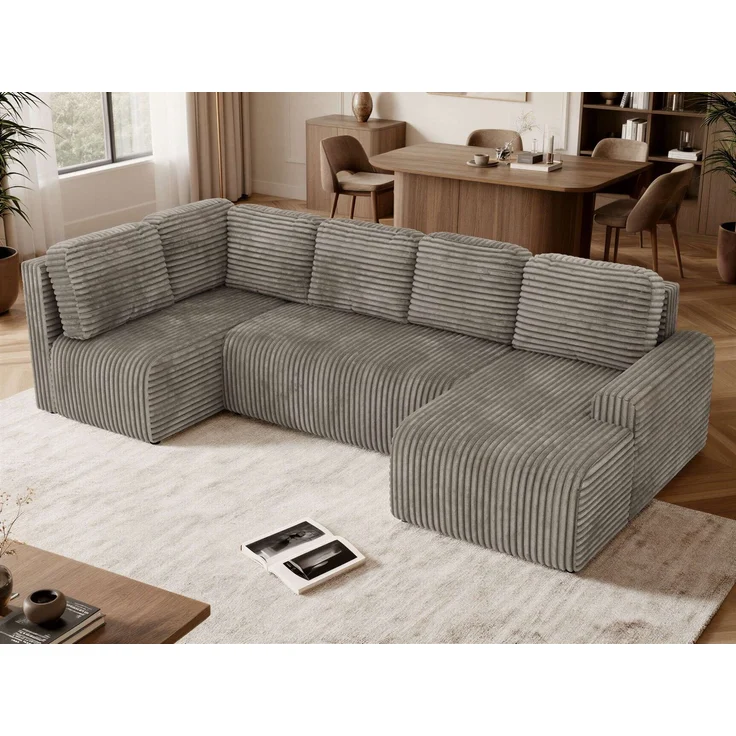 U-förmiges Sofa NESSARO COR U mit Schlaffunktion und Bettkasten, Freistehende Wohnlandschaft, DL-System, Bonellfederkern - Hellbraun Cord - Links Seite – Bild 4