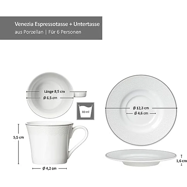 Ritzenhoff & Breker Tasse Ritzenhoff Venezia Espressotasse + Untertasse für 6 Personen, Porzellan – Bild 6