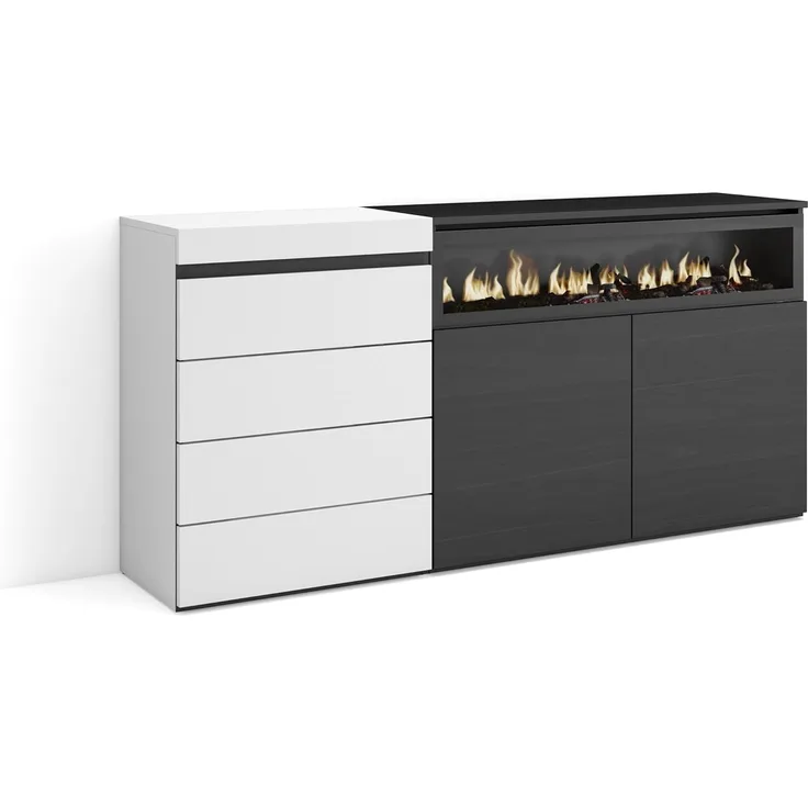 Skraut Home | Kommode mit Schubladen | Aufbewahrungsschrank | 157 x 75 x 35 cm | Für Schlafzimmer, Zimmer | Elektrokamin. | Moderner Stil | Weiß und Schwarz