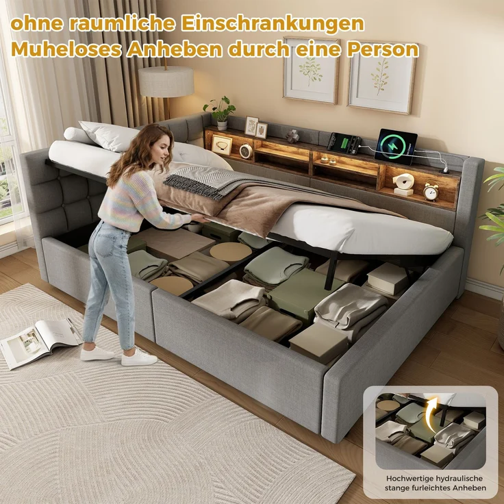 Daybett, Tagesbett, Schlafsofa,140x200 cm, Ohne Matratze, Hydraulische Lagerung, mit dimmbarer LED-Leiste, mit praktischem Regal, mit USB-Anschluss,Grau – Bild 9