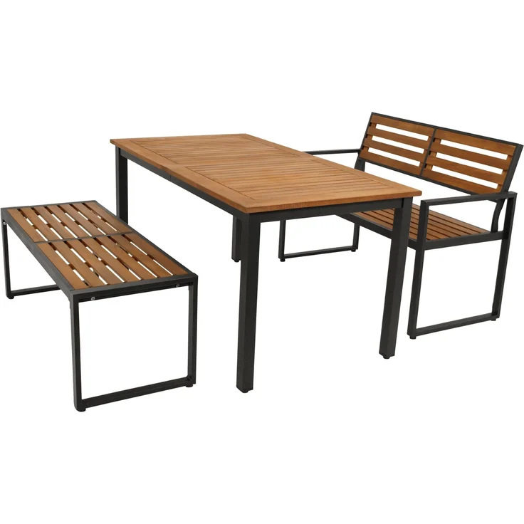 DEGAMO RAGUSA Gartengarnitur, Metall + Akazie, anthrazit/braun, 3-teilig (2x Bank, 1x Tisch 150x80cm) – Bild 1