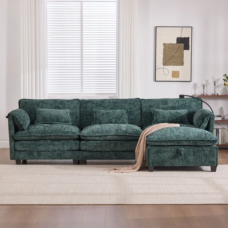 LVHOM 3-Sitzer Sofa mit Hocker, L-Form Ecksofa mit Stauraum, Modulares Sofa mit USB-C-Anschluss, Handyhalter und Seitentaschen, weiche Chenille-Stoff, Couchgarnitur, Grün – Bild 9