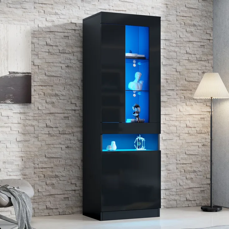 Vitrine mit LED Beleuchtung Vitrinenschrank Standvitrine Stauraumvitrine Schrank Wohnzimmerschran Schwarz LED Vitrine Wohnzimmer Wohnwände LED Vitrinenschränke LED Schränke Buffet-Schran--Schwarz--50x40x180cm--YOUDENOVA