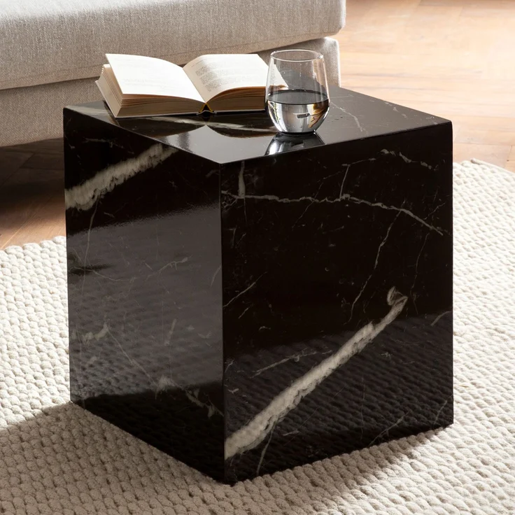 Couchtisch MONOBLOC 40x40x45 cm Schwarz Hochglanz Marmor Optik Quadratisch – Bild 1
