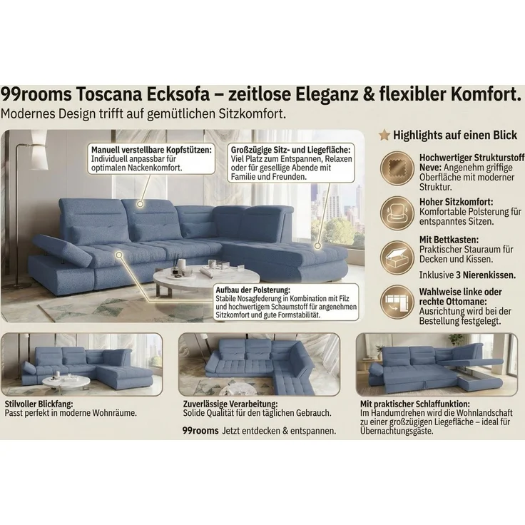 99rooms Ecksofa Toscana, Sofa L-Form, Eckcouch, Bettfunktion, Rundumbezug aus gepolstertem Strukturstoff NEVE – Bild 3