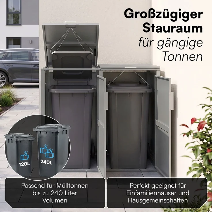 STEELSØN 'Thoria' Mülltonnenbox 2er je 240 Liter, grau, Mülltonnenverkleidung aus Stahl, wetterfest, 116x80x134 cm, Müllbox für 2 Tonnen – Bild 2