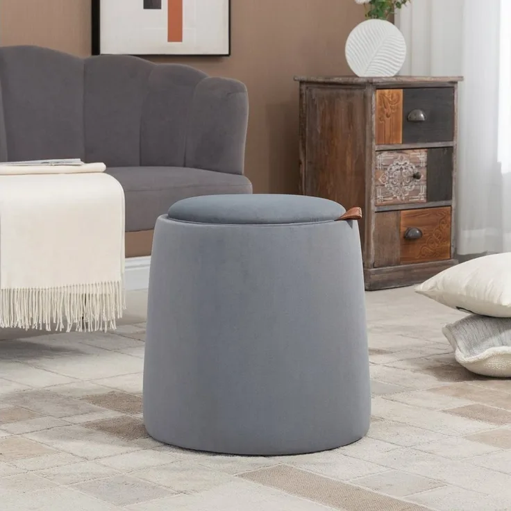 HOMCOM 2-in-1 Ottomane Sitzhocker Runde Polsterhocker Fußbank inklusive Stauraum, abnehmbaren Deckel in Samtoptik Beistelltisch für Wohnzimmer Schlafzimmer Grau Ø44x47,5 cm