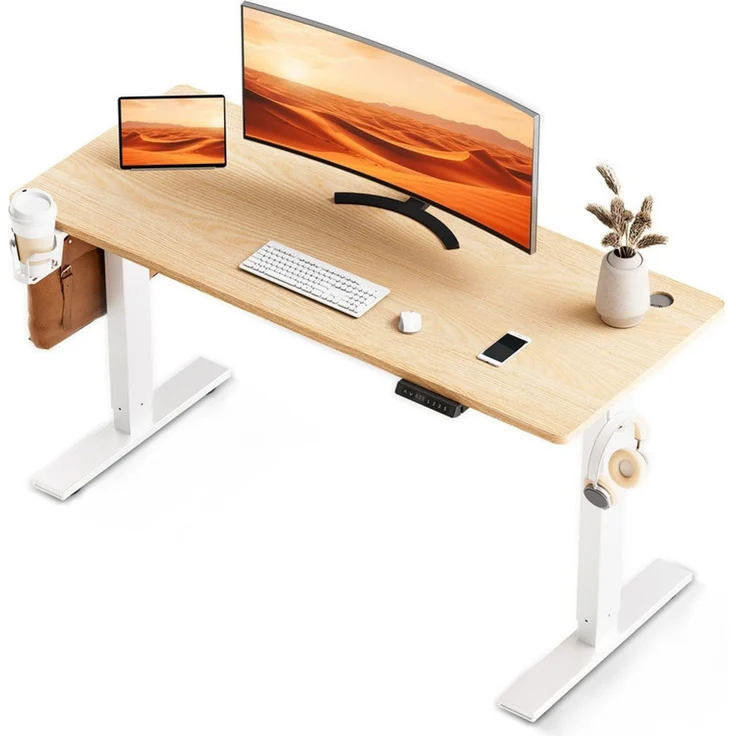 HOMAVO höhenverstellbarer Schreibtisch 70×140 cm, mit Memory- und Anti-Kollisionsfunktion, USB-A- und USB-C-Anschlüssen, Höhe 70–120 cm, Natu – Bild 1