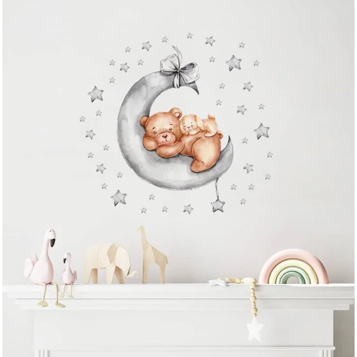 Montegoni Wandsticker Gute Nacht Babytiere Schlafend auf Mond Wandaufkleber, Einfach anzubringende, süßen Baby Tierszenen auf dem Mond – Bild 1