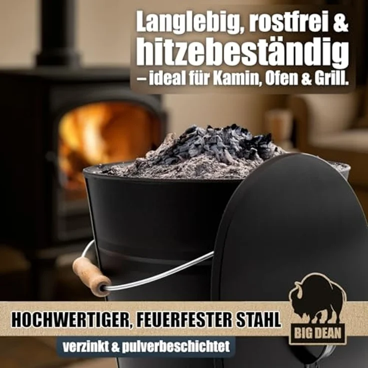 BigDean Aschekasten Ascheeimer mit Deckel 15 Liter mit Griff Ascheimer Oval – Bild 2