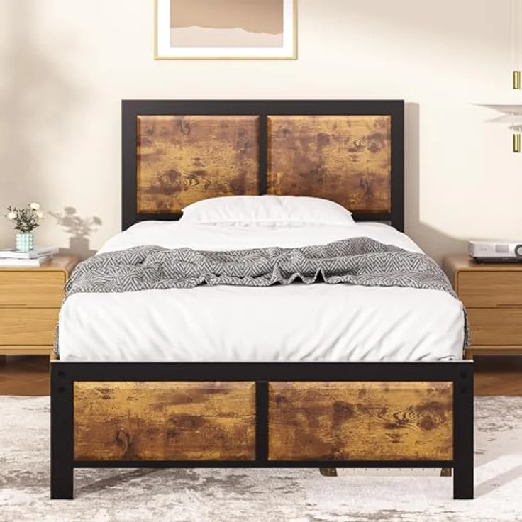 VECELO Bettgestell 90x200 cm, Metallbett mit Dick Holzkopfteil und Lattenrost, Modern Gästebett Jugendbett mit Stauraum Unter Dem Bett, Perfekt für Schlafzimmer, Braun – Bild 2