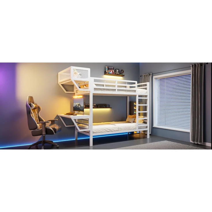 ZUBALIYA Metall-Etagenbett (90 x 200 cm) mit Schreibtisch und Ablagefächern, Lattenrost, platzsparendes Hochbett für Kinder, Jugendliche und Erwachsene, Weiß – Bild 17