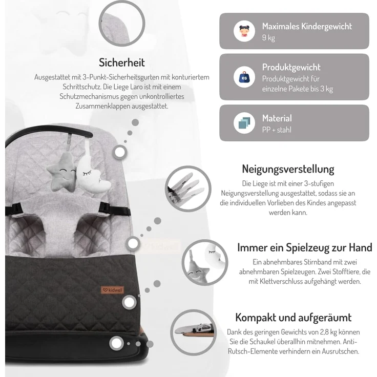 COIL Babywippe – Verstellbare, Ergonomische Baby Wippe ab Geburt bis 9 kg – Tragbare, Schaukelstuhl Baby Babyschaukel mit 3-Punkt-Gurt, Anti-Rutsch-Elementen und abnehmbarem Spielzeug (Schwarz) – Bild 3