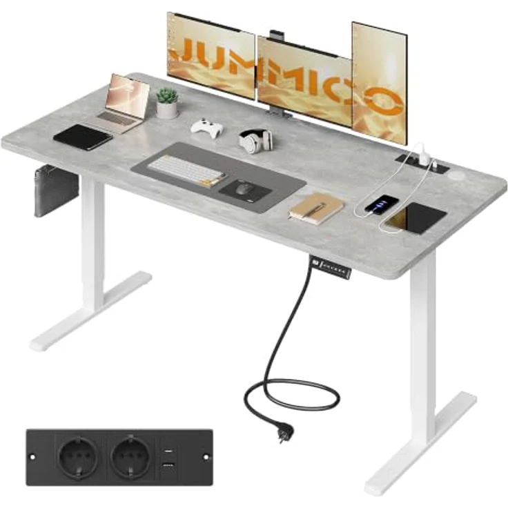 JUMMICO Höhenverstellbarer Schreibtisch 160x80 cm mit Steckdose | Schreibtisch Höhenverstellbar Elektrisch Stehtisch, Steh-Sitz Tisch, Bürotisch Computertisch für Home Office, Grau – Bild 1