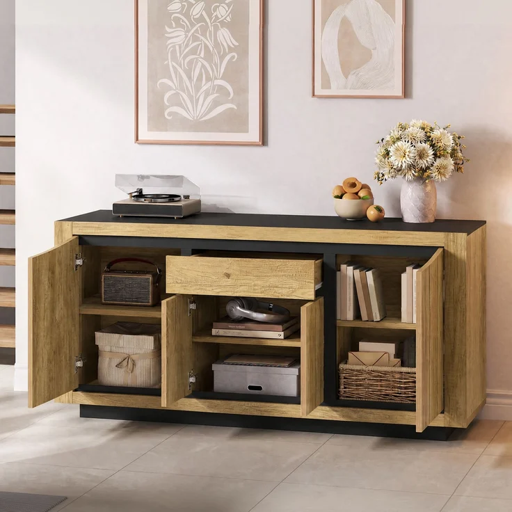 DESVIAE Sideboard Holzoptik/Schwarz aus MDF – 140x60x40 cm – 4 Türen, 1 Schublade – Bild 4