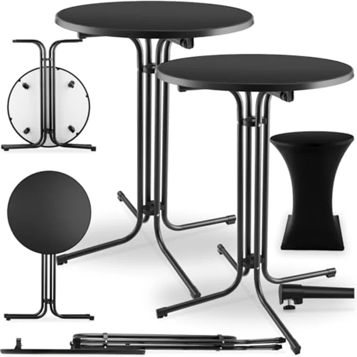 tectake® Gastro 2er Set Stehtisch klappbar, Bistrotisch mit Husse, Tisch Ø80cm, Stehtisch mit MDF-Tischplatte, Gartentisch klappbar, Klapptisch, rund, Stahlgestell, stabil, robust - schwarz, 2er Set – Bild 2