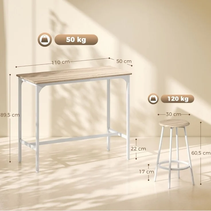 Bartisch-Set 110 x 50 x 89,5 cm mit 4 Hockern – platzsparend, Eiche-Optik und weißes Metallgestell – Bild 4