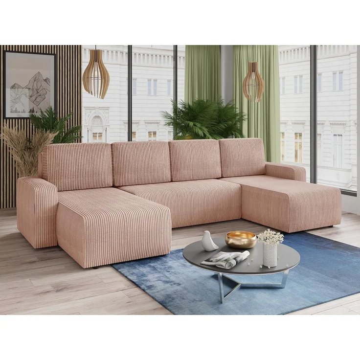 Wohnlandschaft mit Schlaffunktion Roma - U-Form Couch, Schlafsofa mit Bettkasten, Couchgranitur mit Bettfunktion, Big Sofa, Cord Stoff (Pink (Poso 052)) – Bild 2
