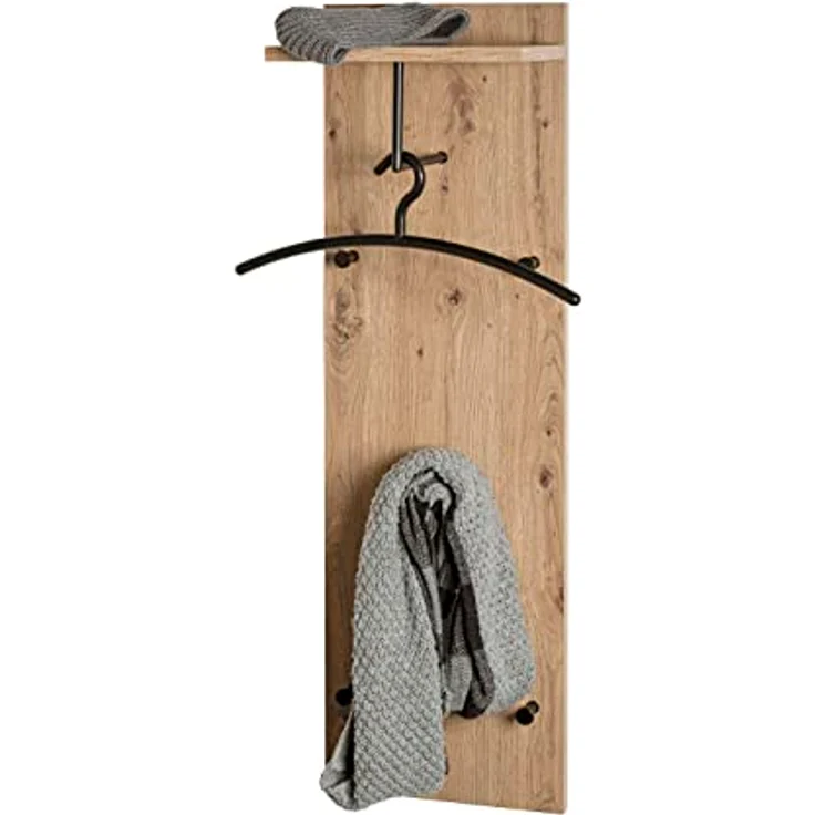 XXXL Garderobenpaneel, Schwarz und Eiche, mit 5 Haken und Hutablage, 30x100x20 cm, Wandgarderobe – Bild 6
