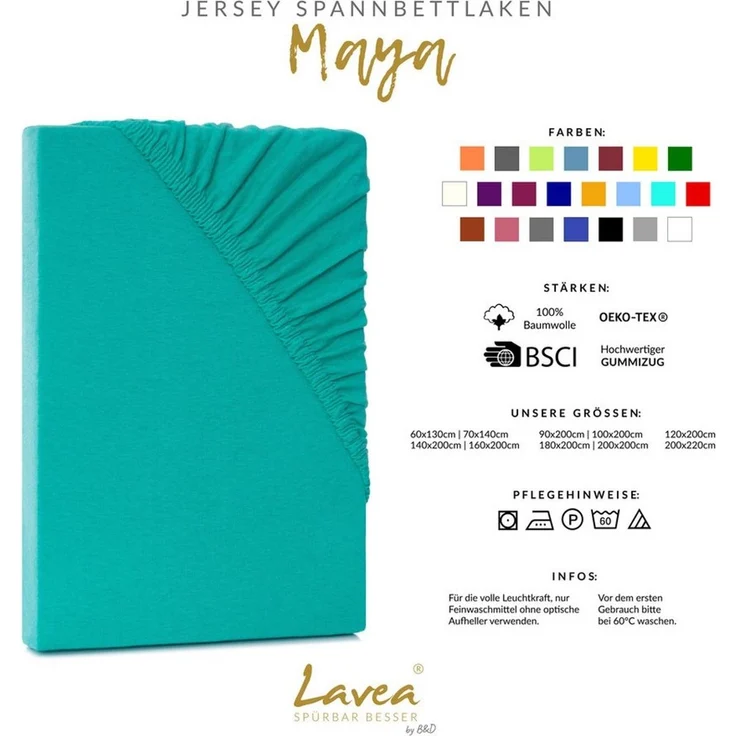 Lavea Spannbettlaken Bettlaken Maya, 180x200cm, 200x200cm, 140x200cm, 160x200cm, 100% Baumwolle Jersey, Gummizug: rundum, (2 Stück), für Matratzen, Topper, Boxspring- und Wasserbetten, weich, langlebig – Bild 3