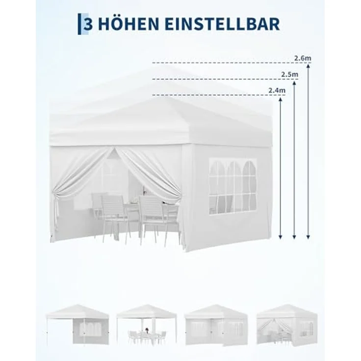 Faltpavillon 3x3 m wasserdicht stabil mit 4 Seitenwänden – Pop up Pavillon faltbar aus 420D Oxford, UV-Schutz 50+, 3-Fach höhenverstellbar, Partyzelt mit Tragetasche für Garten & Outdoor (Weiß) – Bild 4