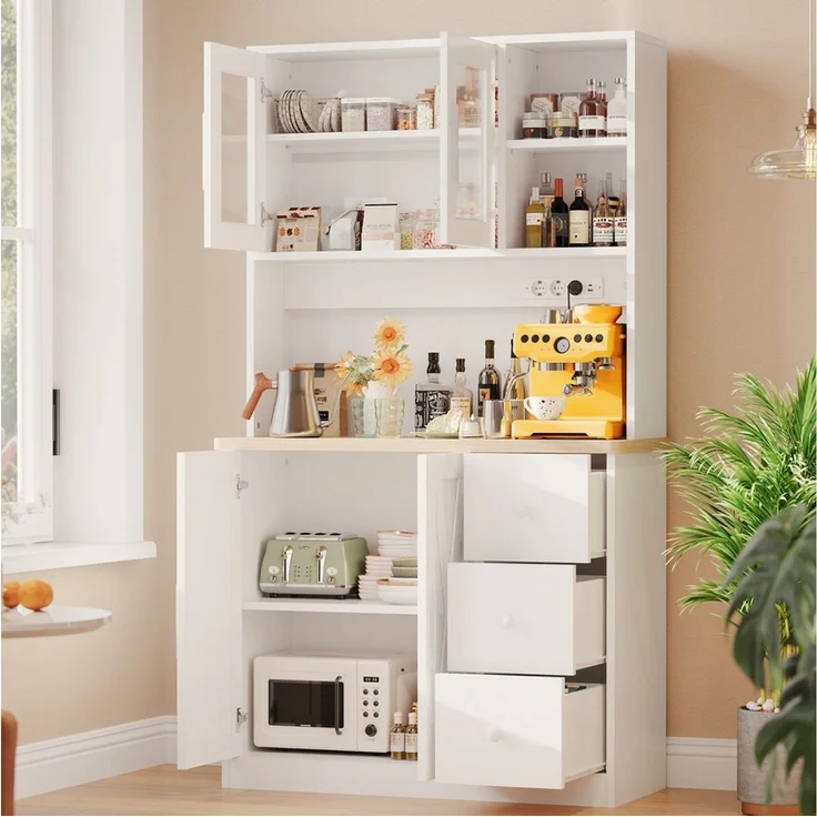 HOMALL Highboard Küchenbuffet Sideboards,Geschirr Insel Schrank (mit LED-Beleuchtung,Steckdose,staubgeschützter Glastür) – Bild 3