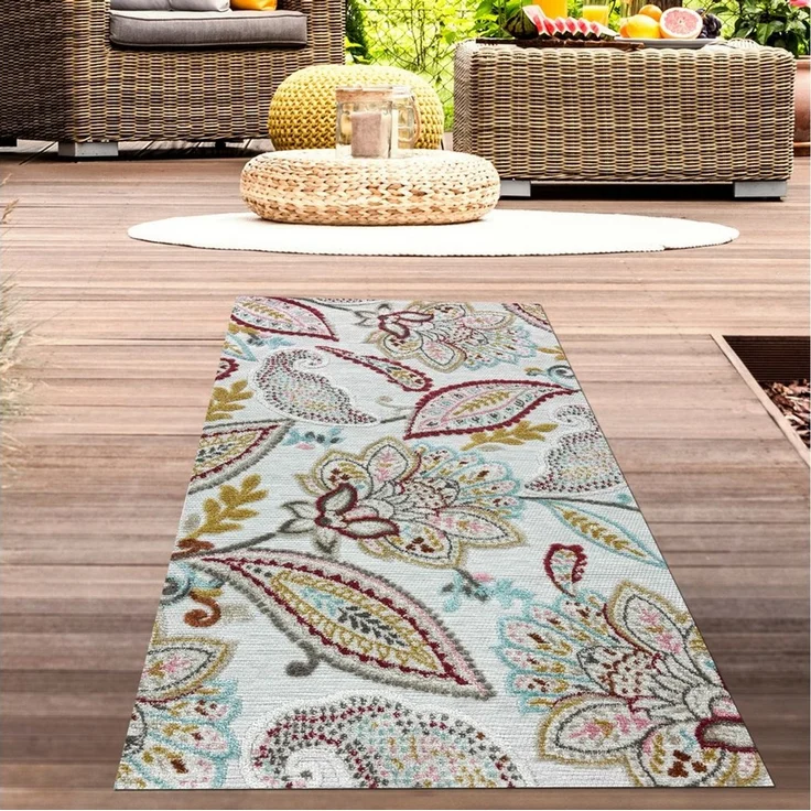 Carpetia Outdoorteppich Wetterfester Outdoor-Teppich mit buntem Blumenmuster und Creme, rechteckig – Bild 2