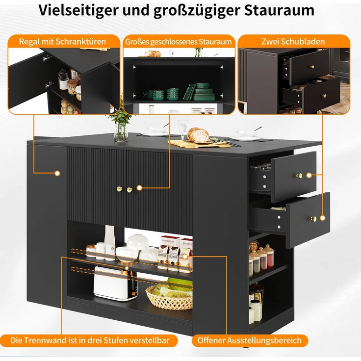 Kücheninsel 140 x 40 x 90 cm mit Schubladen, Regalen & klappbarer Tischplatte – Multifunktionale Kücheninsel,Schwarz – Bild 5